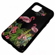 Луксозен силиконов калъф / гръб / TPU за Apple iPhone 11 Pro Max 6.5" - черен с цветя и фламинго