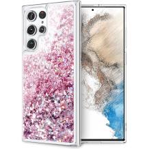 Луксозен твърд гръб / кейс / 3D Water Case за Samsung Galaxy S22 Ultra- прозрачен / течен гръб с брокат / розов