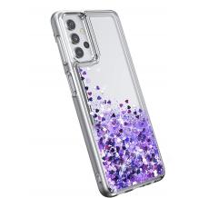 Луксозен гръб 3D Water Case за Samsung Galaxy A03s - прозрачен / течен гръб с лилав брокат / сърца