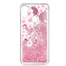 Луксозен твърд гръб 3D Water Case за Samsung Galaxy A11 - прозрачен / розов брокат / цветя