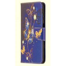 Кожен калъф Flip тефтер Flexi със стойка за Samsung Galaxy A12 - тъмно син / пеперуди