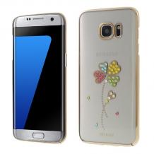 Луксозен твърд гръб X-FITTED Swarovski Diamond за Samsung Galaxy S7 Edge G935 - прозрачен със златист кант / Crystal Lucky Clover