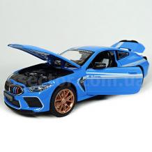 Метална кола с отварящи се врати капаци светлини и звуци BMW M8 Competition Manhart 1:24 - синя