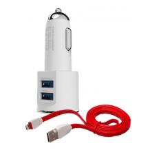 Оригинален USB кабел LDNIO C29 Car Charger 12V / 2 USB порта и USB кабел 3.4A за Apple iPhone 5 / iPhone 5S / iPhone SE / iPhone 6 / iPhone 6 Plus - бял / червен