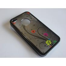 Заден предпазен твърд гръб / капак / със силиконов кант за Apple iPhone 4 / 4S - черен с цветя / прозрачен