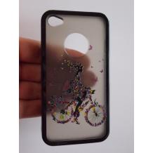 Заден предпазен твърд гръб / капак / със силиконов кант за Apple iPhone 4 / 4S - момиче с колело / черен прозрачен
