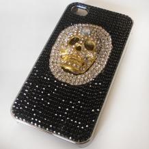 Луксозен твърд гръб / капак / с камъни за Apple iPhone 4 / iPhone 4S – черен / череп / skull