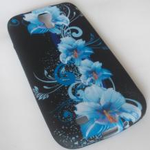 Силиконов калъф / гръб / TPU за Samsung Galaxy S4 Mini I9190 / I9192 / I9195 - черен със сини цветя