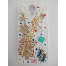 Луксозен заден предпазен твърд гръб / капак / с цветни камъни за Samsung Galaxy S4 I9500 / Samsung S4 i9505 - бял с китара