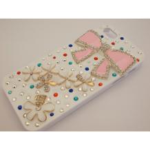 Луксозен заден предпазен твърд гръб / капак / с цветни камъни за Apple iPhone 5 / iPhone 5S - бял с розова панделка