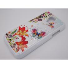 Луксозен кожен предпазен твърд гръб / капак / с камъни за Samsung Galaxy S4 mini i9190 / i9195 / i9192 - бял с цветя и пеперуди