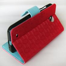 Кожен калъф Flip тефтер със силиконов гръб SUNIX за HTC Desire 300 - червен със стойка