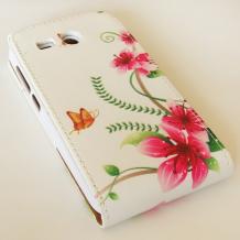 Кожен калъф Flip тефтер Flexi за Huawei Ascend Y511 - бял с цветя