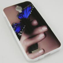 Силиконов калъф / гръб / TPU за Alcatel One Touch Idol 2 mini OT-6016 - кафяв / ръка и синя пеперуда