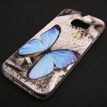 Силиконов калъф / гръб / TPU за Samsung Galaxy S6 Edge G925 - сив / синя пеперуда