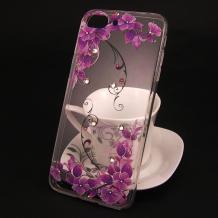 Луксозен силиконов калъф / гръб / TPU с камъни за Apple iPhone 7 Plus - прозрачен / розови цветя