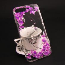 Луксозен силиконов калъф / гръб / TPU с камъни за Huawei P10 - прозрачен / розови цветя