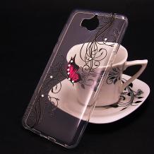 Луксозен силиконов калъф / гръб / TPU с камъни за Huawei Y5 2017 / Huawei Y6 2017 - прозрачен / розова пеперуда