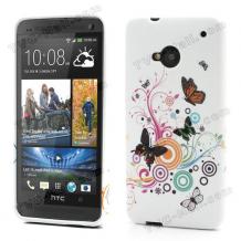 Силиконов калъф ТПУ за HTC One M7 - бял с пеперуди