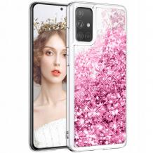 Луксозен твърд гръб / кейс / 3D Water Case за Samsung Galaxy A33 5G - прозрачен / течен гръб с брокат / розов