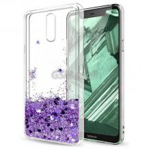 Луксозен гръб / кейс / 3D Water Case за Samsung Galaxy A52 / A52 5G - прозрачен / течен гръб с лилав брокат / сърца