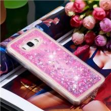 Луксозен твърд гръб 3D Water Case за Samsung Galaxy J5 2016 J510 - прозрачен / течен гръб с розов брокат / сърца