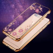 Луксозен силиконов калъф / гръб / TPU с камъни за Apple iPhone 5 / iPhone 5S / iPhone SE - розови цветя / златист кант