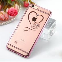 Луксозен силиконов калъф / гръб / TPU с камъни за Apple iPhone 6 / iPhone 6S - сърце / Rose Gold