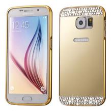 Луксозен алуминиев бъмпер с твърд гръб и камъни за Samsung Galaxy S6 Edge G925 - златист / огледален