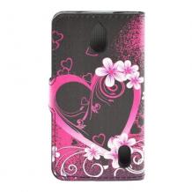 Кожен калъф Flip тефтер със стойка за Huawei Y625 - черен / розово сърце / цветя