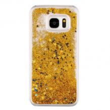 Луксозен твърд гръб 3D за Samsung Galaxy S7 G930 - прозрачен / златист брокат / звездички