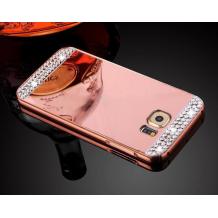 Луксозен алуминиев бъмпер с твърд гръб и камъни за Samsung Galaxy S6 Edge G925 - розов / Gold Rose / огледален