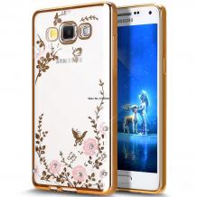 Луксозен силиконов калъф / гръб / TPU с камъни за Samsung Galaxy A5 A500F - розови цветя / златист кант