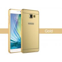 Луксозен алуминиев бъмпер с твърд гръб за Samsung Galaxy A3 2016 A310 - огледален / златист кант