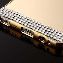 Луксозен алуминиев бъмпер с твърд гръб и камъни за Samsung Galaxy A5 2016 A510 - златист / огледален
