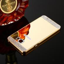 Луксозен алуминиев бъмпер с твърд гръб и камъни за Samsung Galaxy S7 Edge G935 - златист / огледален