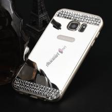 Луксозен алуминиев бъмпер с твърд гръб и камъни за Samsung Galaxy A3 2016 A310 - сребрист / огледален