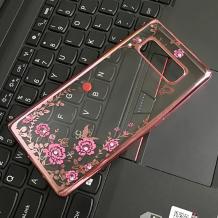 Луксозен силиконов калъф / гръб / TPU с камъни за Samsung Galaxy Note 8 N950 - прозрачен / розови цветя / Rose Gold кант