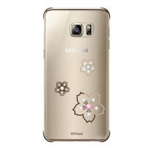 Луксозен твърд гръб X-FITTED Swarovski Diamond за Samsung Galaxy S7 Edge G935 - прозрачен със златист кант / цветя