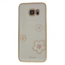 Луксозен твърд гръб X-FITTED Swarovski Diamond за Samsung Galaxy S7 G930 - прозрачен със златист кант / Crystal Blossom