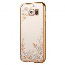 Луксозен твърд гръб KAVARO с камъни Swarovski за Samsung Galaxy S7 G930 - прозрачен / бели цветя / златист кант