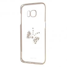 Луксозен твърд гръб X-FITTED Swarovski Diamond за Samsung Galaxy S7 Edge G935 - прозрачен със златист кант / цветна панделка