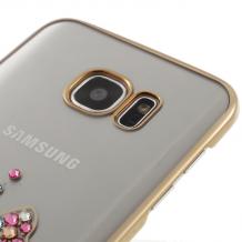 Луксозен твърд гръб X-FITTED Swarovski Diamond за Samsung Galaxy S7 Edge G935 - прозрачен със златист кант / цветна панделка