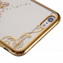 Луксозен силиконов калъф / гръб / TPU с камъни за Apple iPhone 7 Plus - прозрачен със златист кант / пеперуда