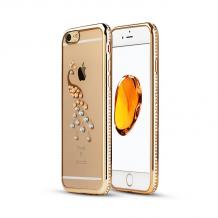 Луксозен силиконов калъф / гръб / TPU с камъни за Apple iPhone 5 / iPhone 5S / iPhone SE - прозрачен със златен кант / swan