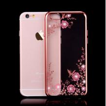 Луксозен твърд гръб KAVARO с камъни Swarovski за Apple iPhone 7 - прозрачен / розови цветя / Rose Gold кант