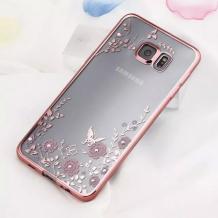 Луксозен силиконов калъф / гръб / TPU с камъни за Samsung Galaxy S7 G930 - розови цветя / розов кант