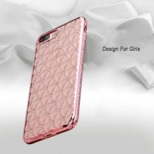 Луксозен силиконов калъф / гръб / TPU с камъни за Apple iPhone 7 - прозрачен / Rose Gold кант / ромбове