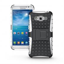 Силиконов гръб TPU Hybrid с твърда част и стойка за Samsung Galaxy Grand Prime G530 - черно и сребристо