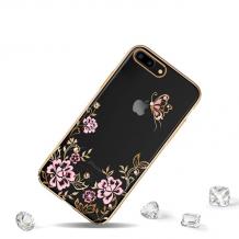 Луксозен твърд гръб KAVARO с камъни Swarovski за Apple iPhone 7 Plus / iPhone 8 Plus - прозрачен / розови цветя и пеперуда / златист кант